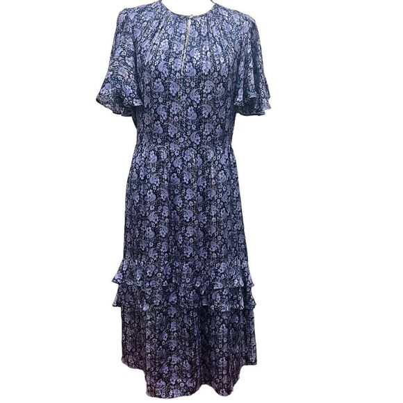 Shoshanna Short Sleeve Silk Willow Paisley Lurex Stripe Julisa Midi Dress size 8 - Picture 2 of 12